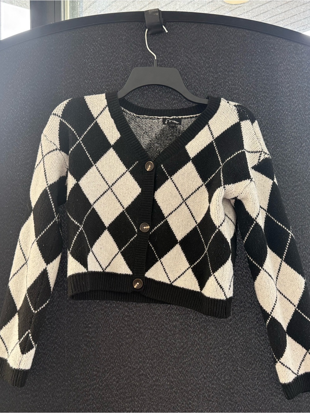 Black & Cream Argyle V-Neck Cropped Cardigan Sweater